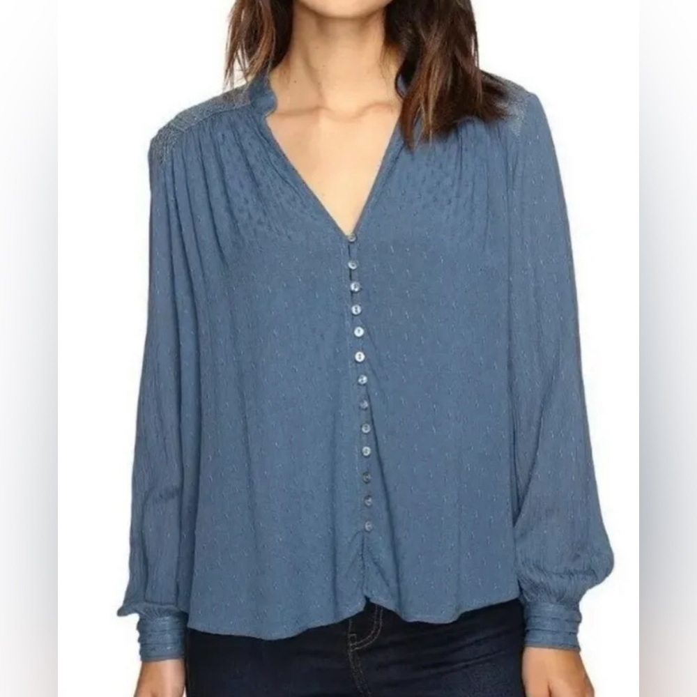 FREE PEOPLE Women’s "Eden" Embroidered Blue Peasant Canyon Rose Top- Size Small - Picture 1 of 8